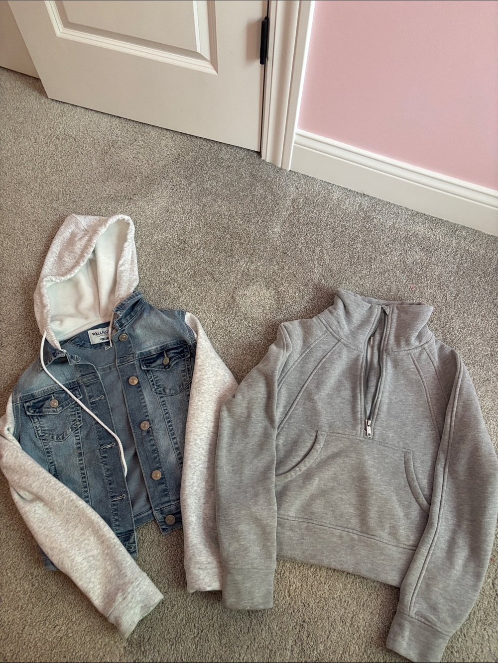 Wallflower Light Wash Denim Jacket with Gray Hoodie Sleeves
